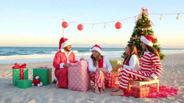 Festive family holiday celebration on long beach beach with christmas tree and presents. Long beach belmont shore christmas parade.