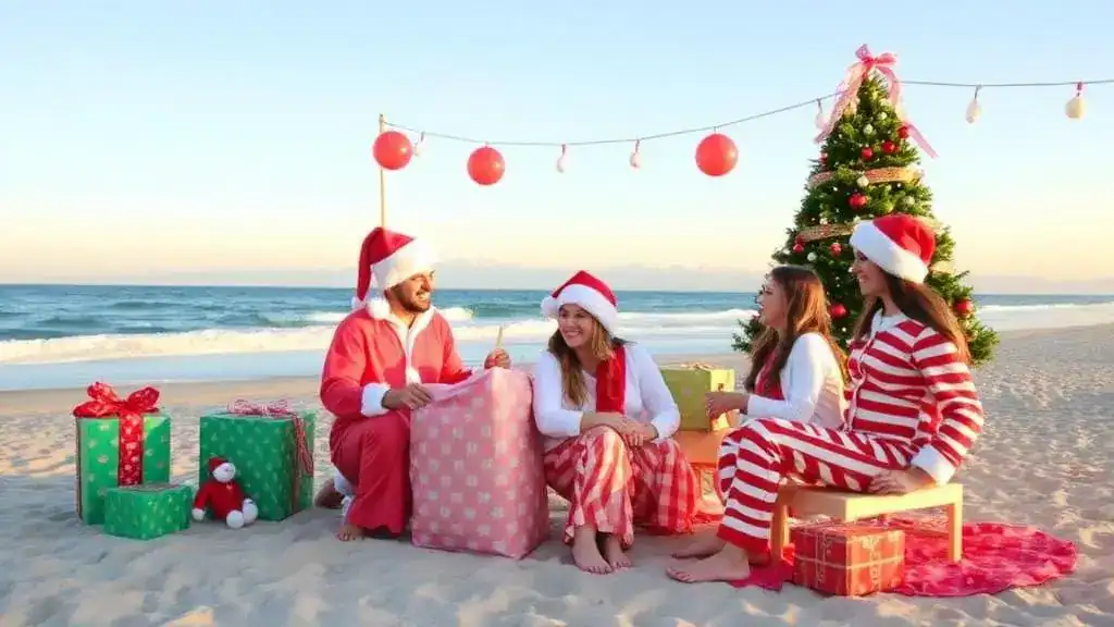 Festive family holiday celebration on long beach beach with christmas tree and presents.