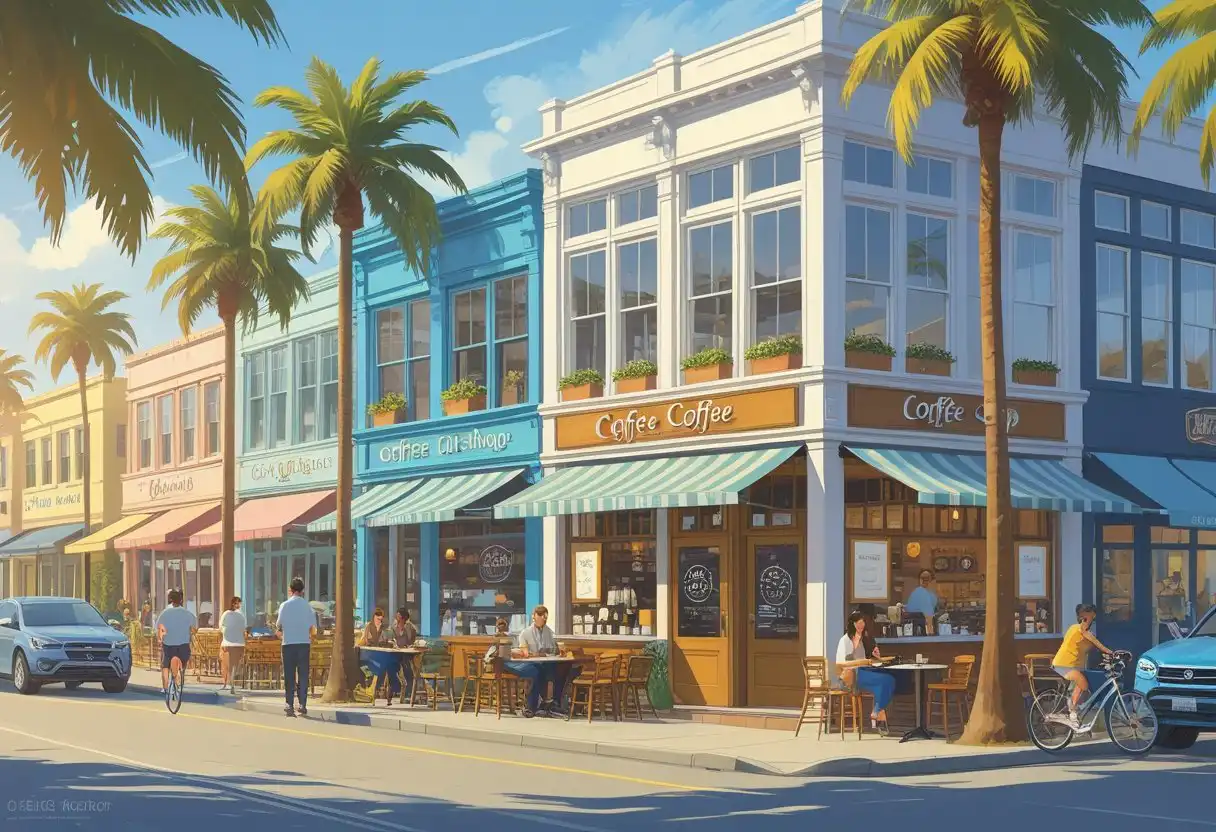 A sunny street in huntington beach with 15 different coffee shops, outdoor seating, palm trees, and people enjoying coffee near the beach.