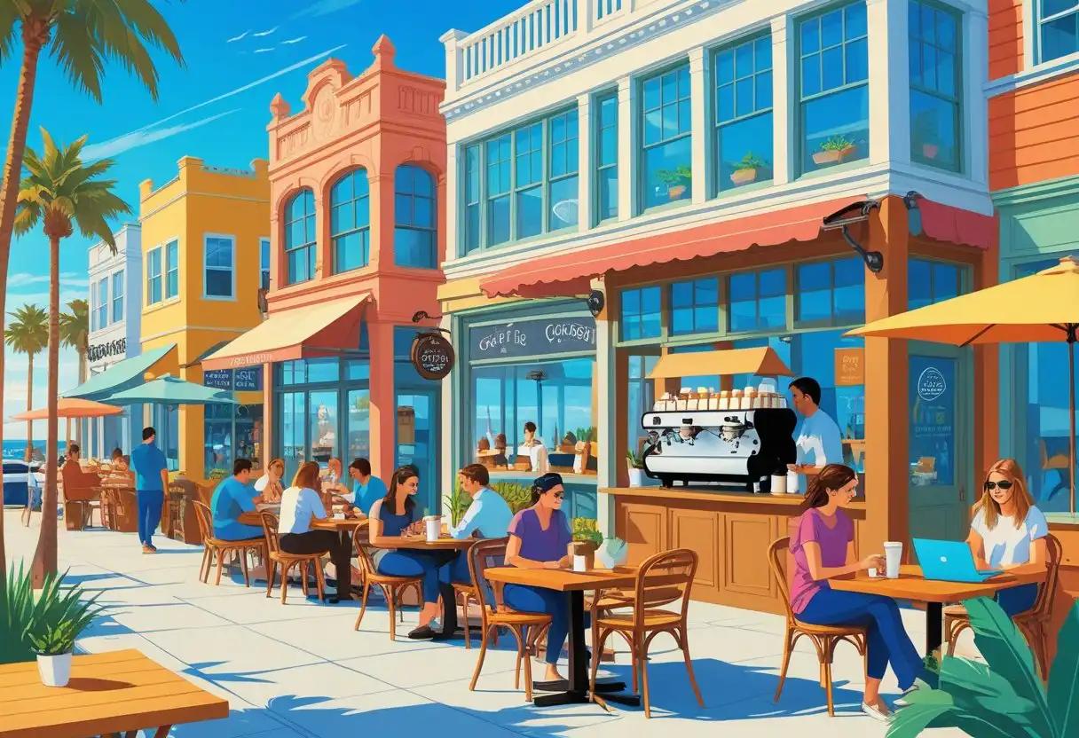 A sunny street in huntington beach with several coffee shops, outdoor seating, people enjoying coffee, palm trees, and a view of the beach in the background.