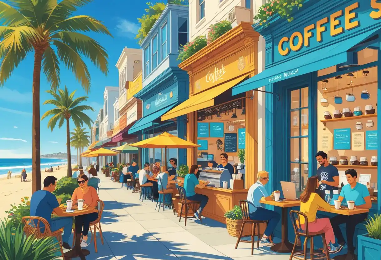 A sunny street in huntington beach with several coffee shops, outdoor seating, people enjoying coffee, palm trees, and the ocean in the background.