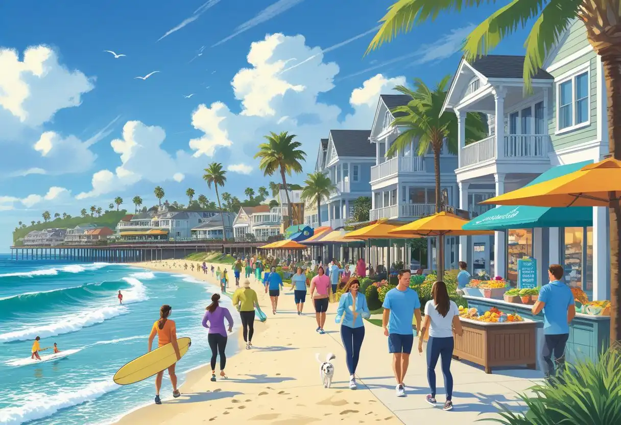 A coastal neighborhood with upscale houses near the beach, people surfing, jogging, dining outdoors, shopping, and enjoying a sunny day by the ocean and pier.