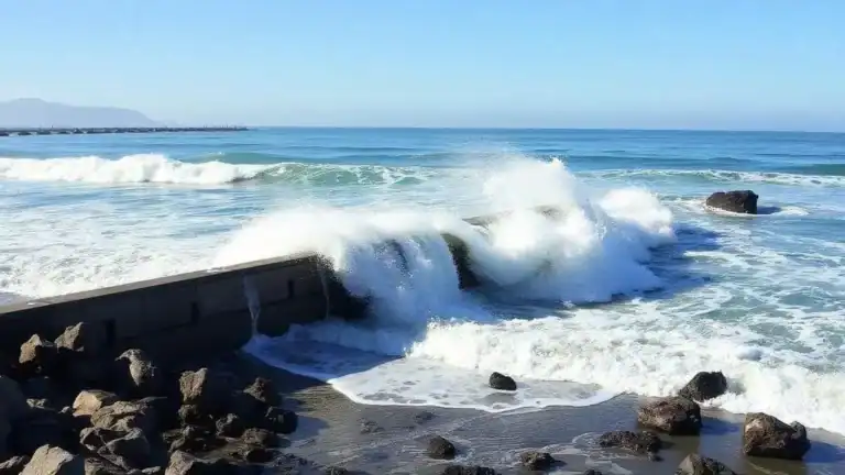 Vast ocean waves crashing against rocks at long beach california.