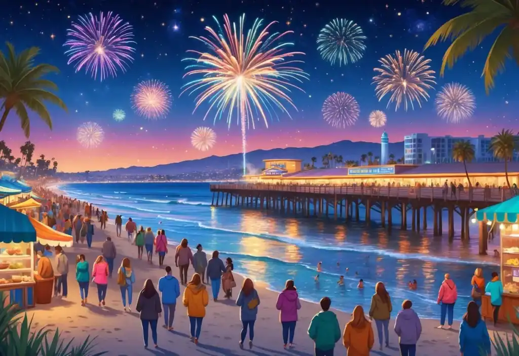 Colorful fireworks over huntington beach nye 2025 pier during evening festival, people enjoying the beach scene.