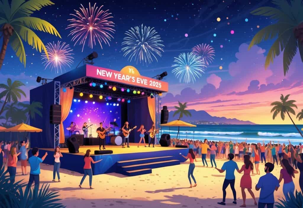 Fireworks illuminate the huntington beach new years eve 2025 with live music and dancing.