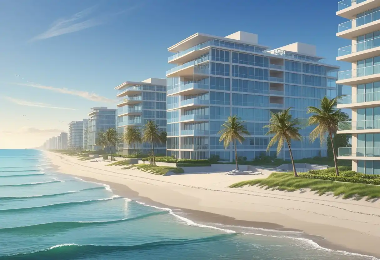 A view of modern 2-bedroom oceanfront condos by a sandy beach with palm trees and calm ocean waves.