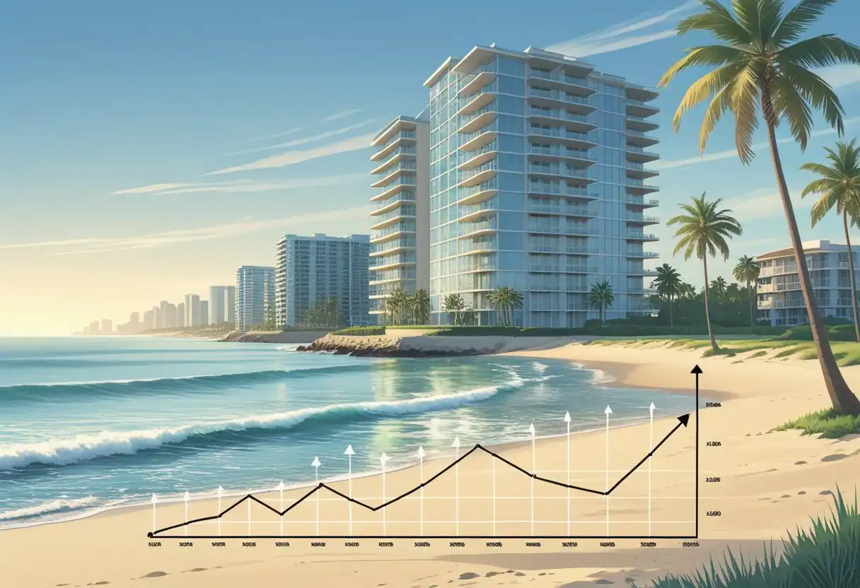A coastal scene showing a modern oceanfront condominium building with a subtle graph integrated into the beach, palm trees, ocean waves, and clear sky.