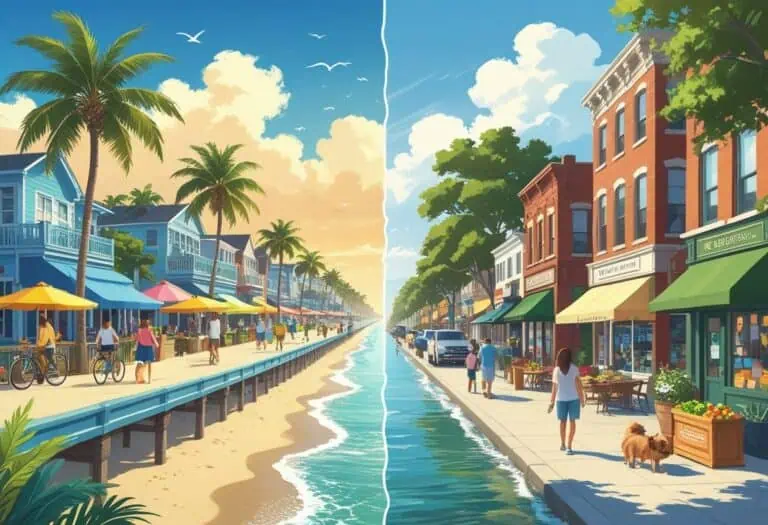 Bbeachside walkway with palm trees and residents, ideal for long beach real estate.