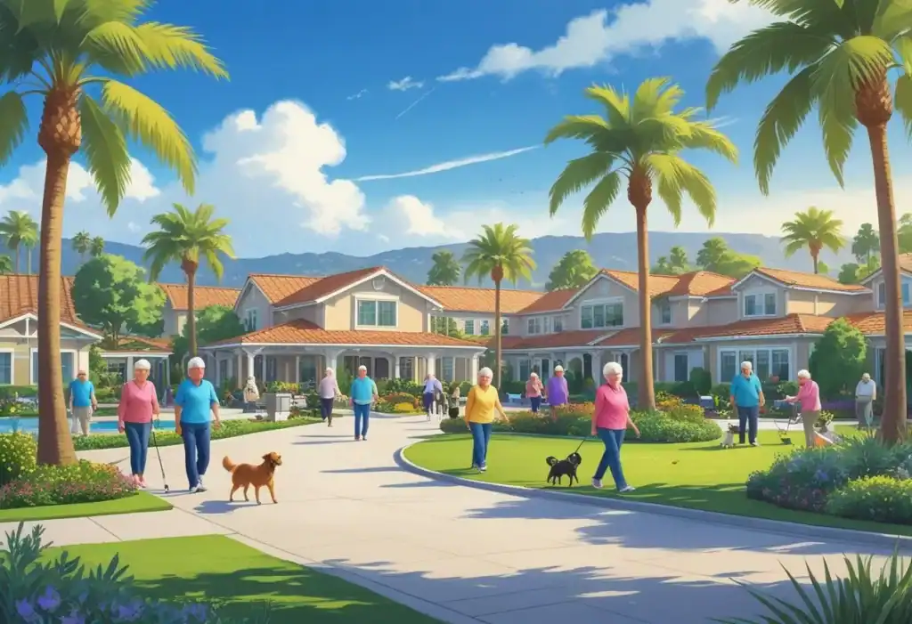 Senior residents walking dogs in a sunny active adult community in southern california. This article covers 55 places in so cal.